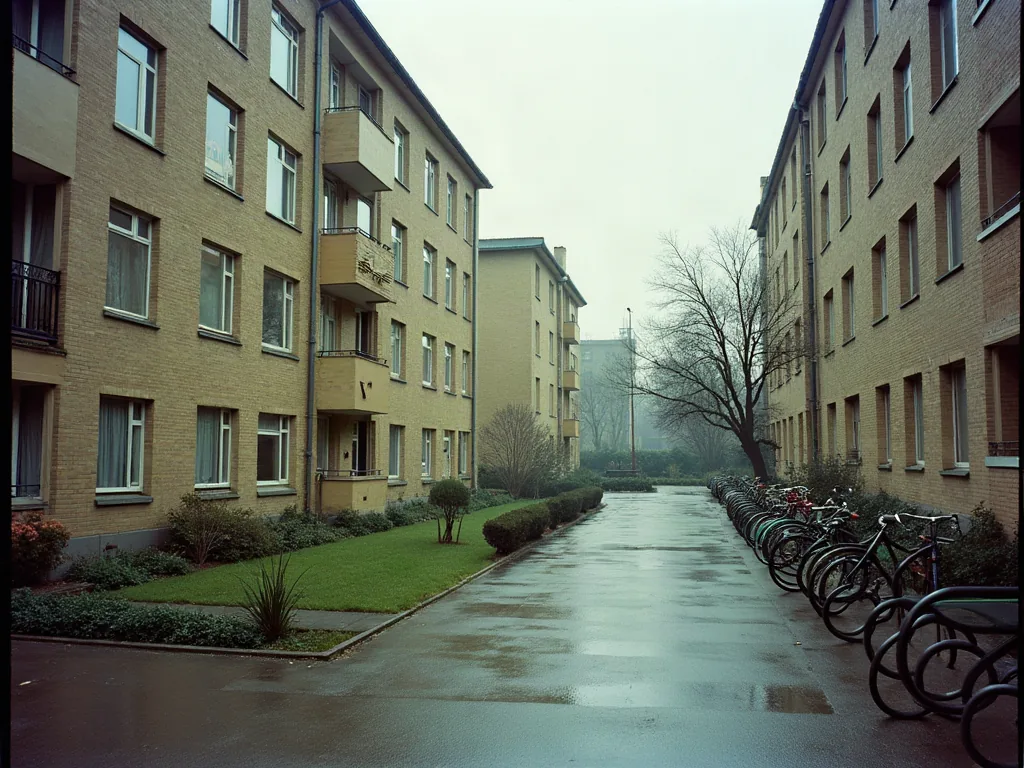 Saint-Brieuc : quels quartiers éviter avant d'acheter ou de louer ? Cour d'immeuble avec espaces communs et rangement à vélos sous ciel gris