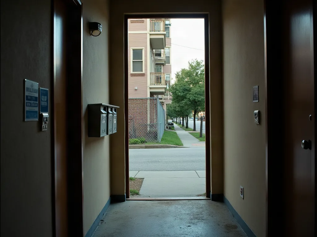 Hall d'entrée d'immeuble rénové dans un quartier populaire en mutation