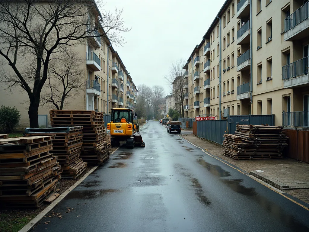 Bourges : quels quartiers éviter avant d'acheter ou de louer ? Travaux de rénovation urbaine dans un quartier résidentiel après la pluie